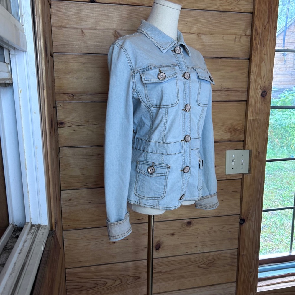 Utility Safari Military Denim Jacket Women Large Light Wash Y2K Faded Glory - Picture 2 of 7